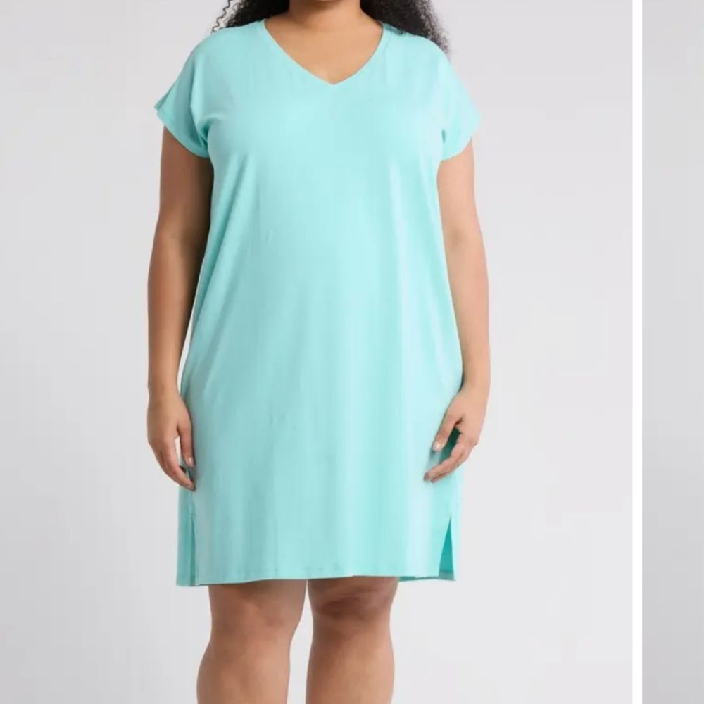 Eileen Fisher V-Neck Cap Sleeve Aqua Dress In Medium Coastal Organic Cotton